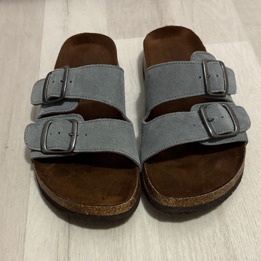 White Mountain Footbed Double Strap Buckle Sandals Blue Suede